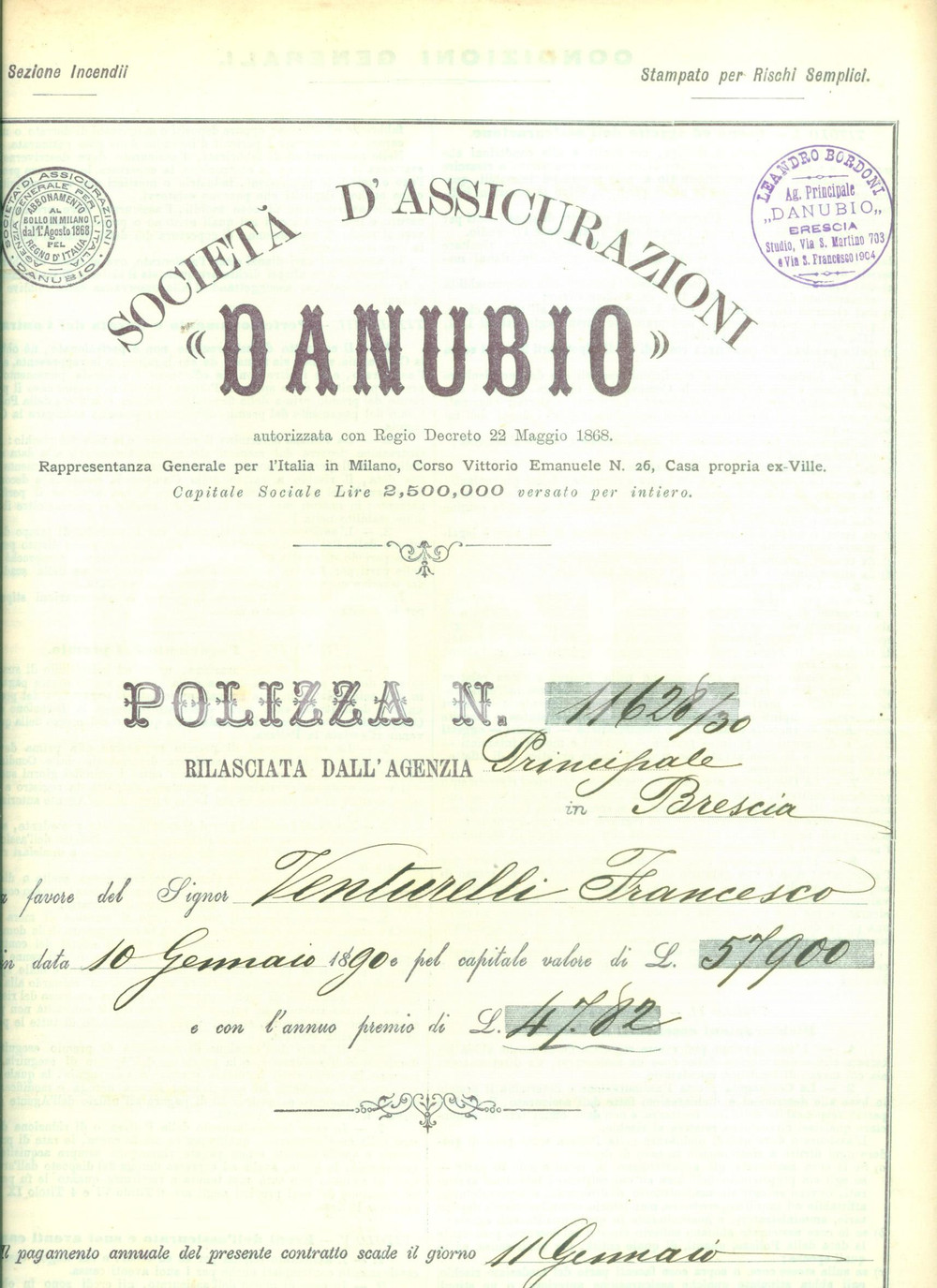 Documento originale, autentico 1904 MILANO Società Assicurazioni DANUBIO Polizza di Francesco VENTURELLI 1