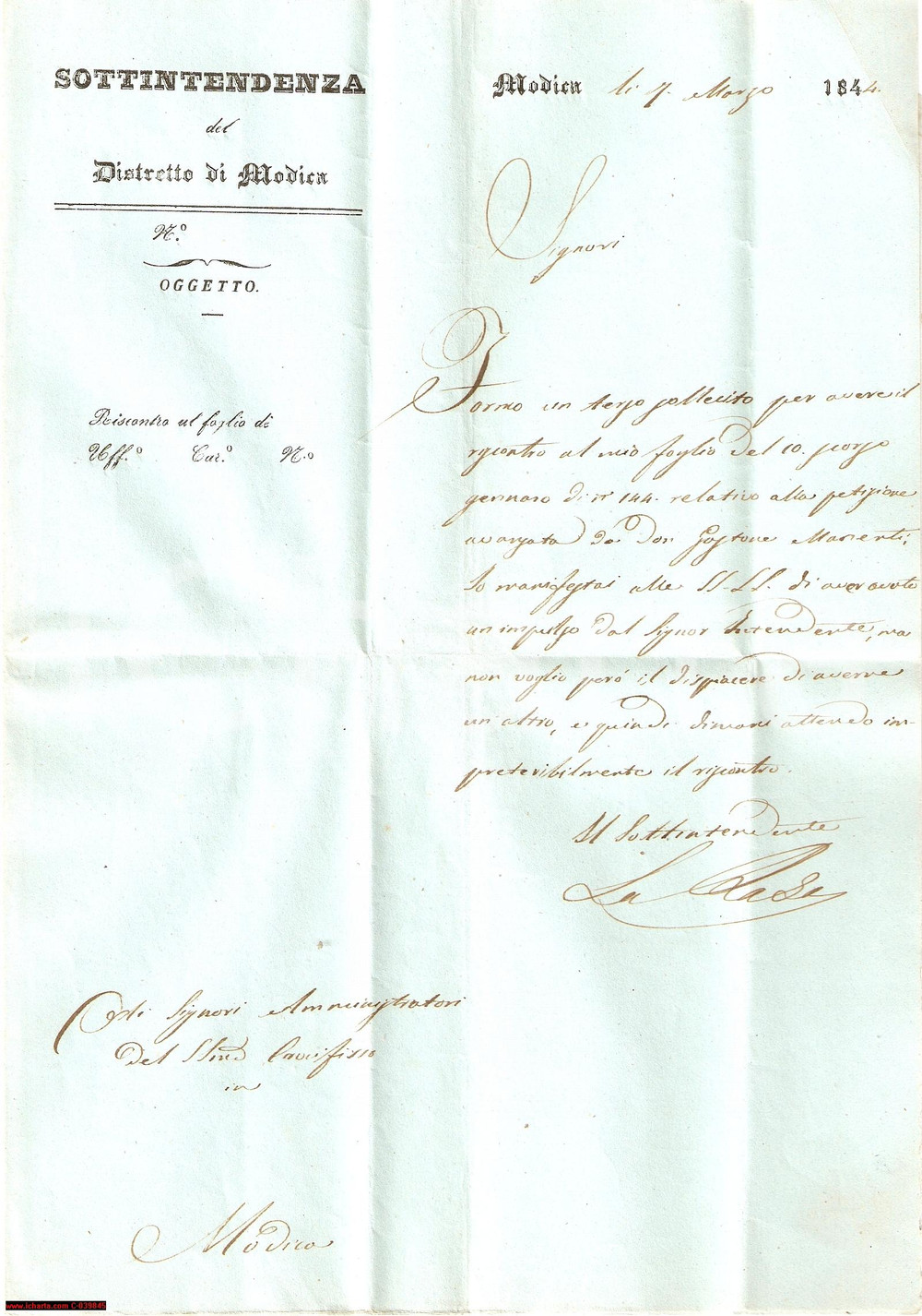 Manoscritto, lettera originale 1844 MODICA (RG) Petizione don Gastone MANENTI lettera 1
