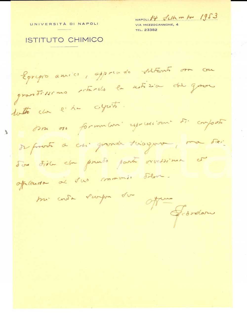 1953 Università di NAPOLI Lettera condoglianze di Francesco GIORDANI - Autografo