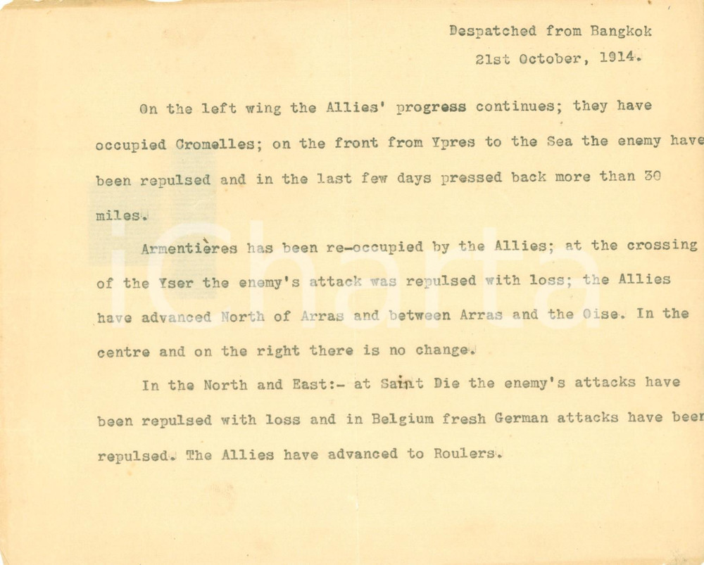 Documento originale, autentico 1914 BANGKOK THAILANDIA WW1 Avanzata Forze Alleate in FRANCIA Dattiloscritto 1