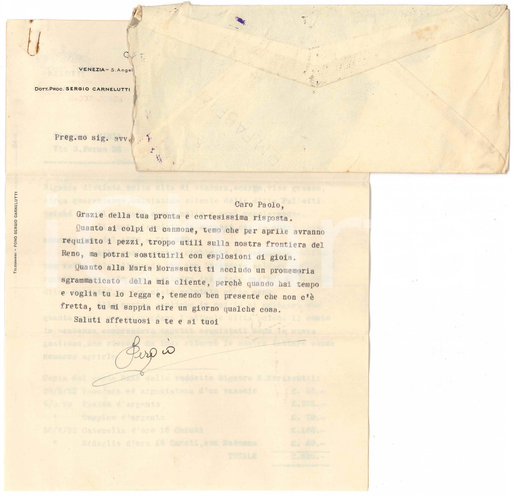 Autografo originale 1936 VENEZIA Lettera Sergio CARNELUTTI a un collega pro cliente  Autografo 1