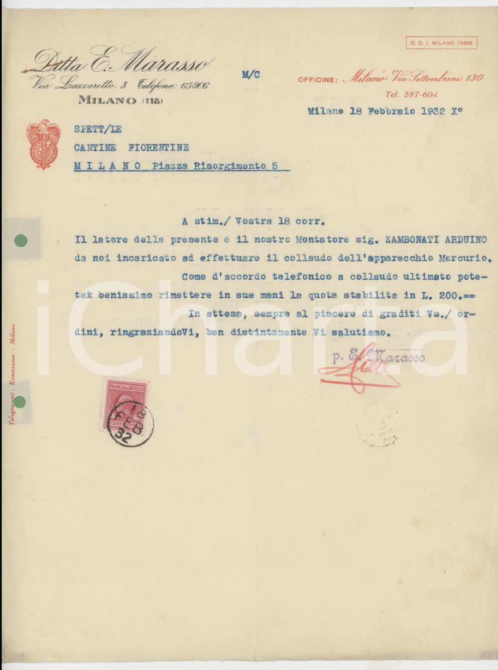 1932 MILANO Ditta E. MARASSO Collaudo apparecchio Mercurio - Lettera commerciale