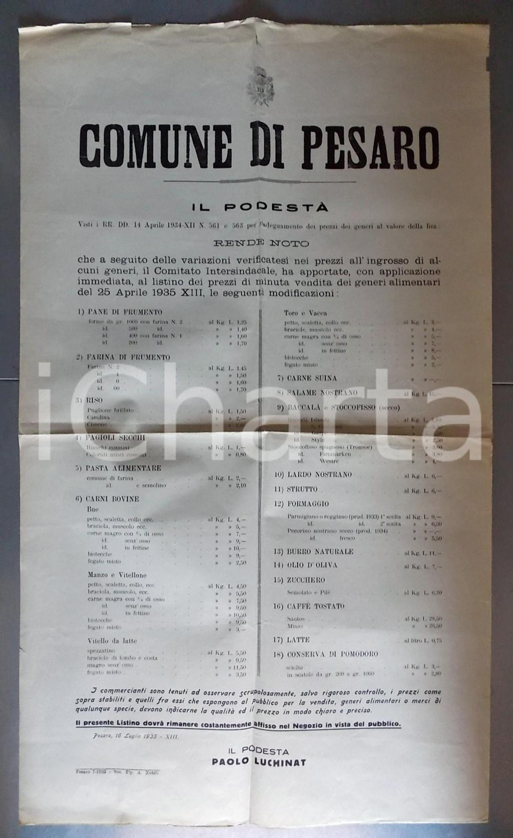 Documento originale, autentico 1935 PESARO Listino al minuto generi alimentari di prima necessitÃ  Manifesto 1