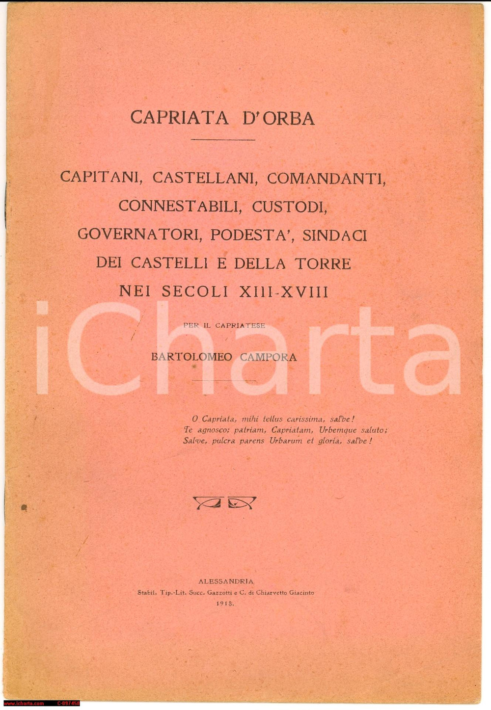 Libro, pubblicazione d epoca 1918 CAPRIATA D ORBA AL BARTOLOMEO CAMPORA Libretto 1