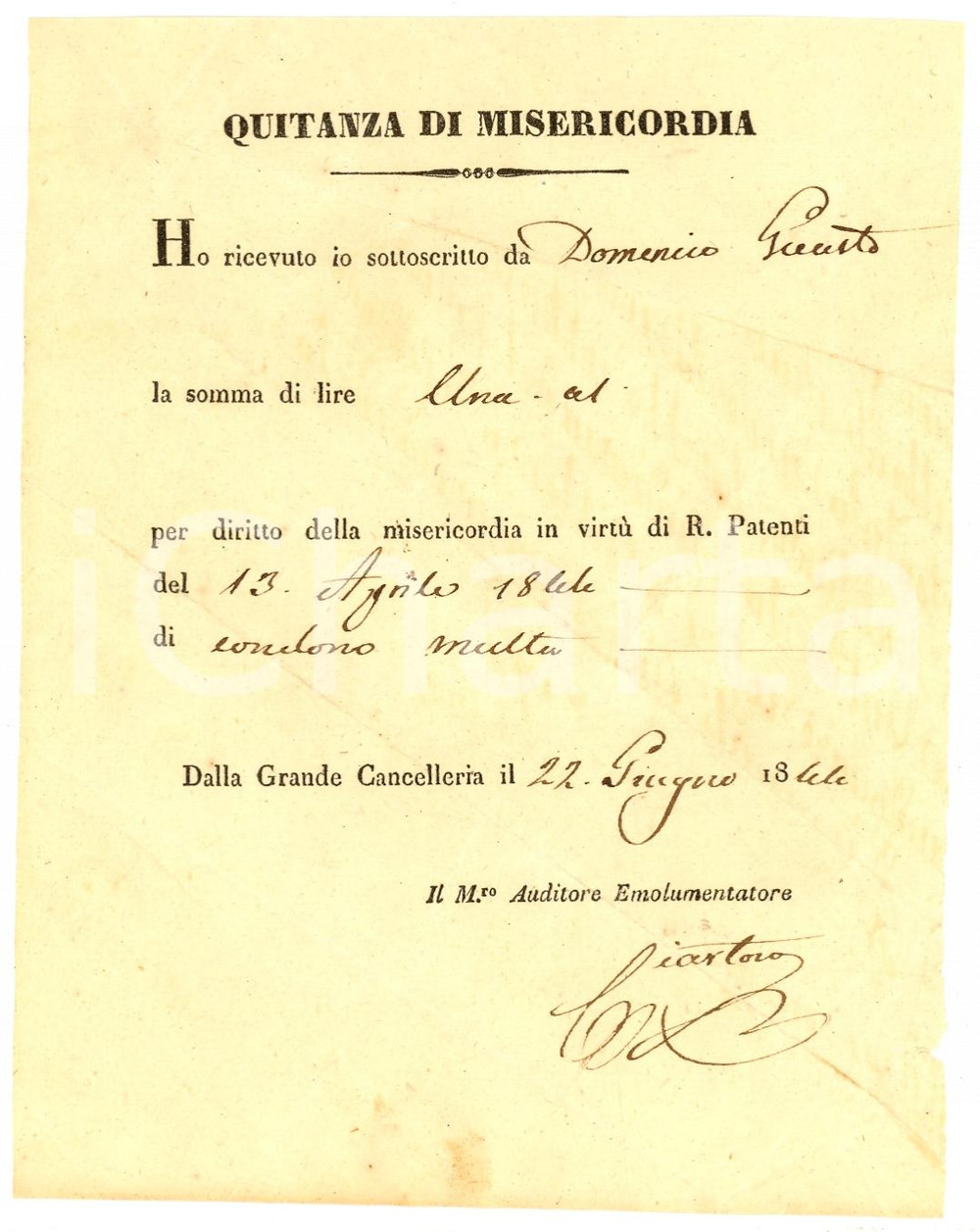 Documento originale, autentico 1844 MILANO QUIETANZA DI MISERICORDIA condono multa a Domenico GUASTO 1