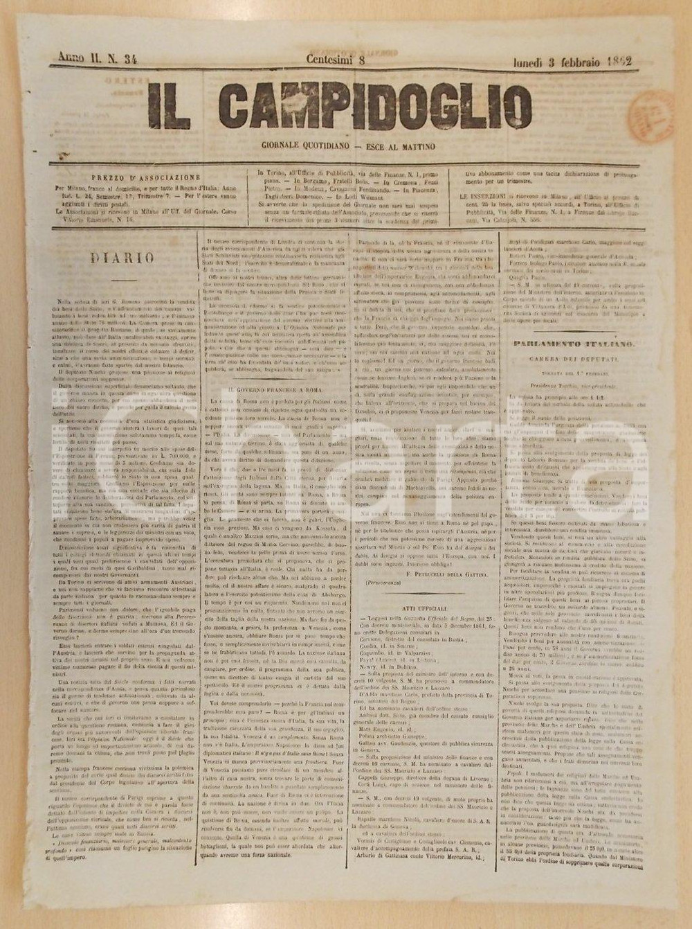 Giornale, rivista storica 1862 MILANO Giornale IL CAMPIDOGLIO Gli Italiani non dimenticano ROMA 1