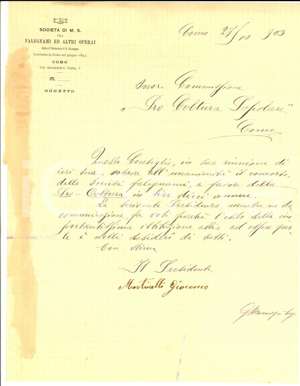 Manoscritto, lettera originale 1903 COMO Lettera SocietÃ  Mutuo Soccorso FALEGNAMI ed altri operai PRO COLTURA 1