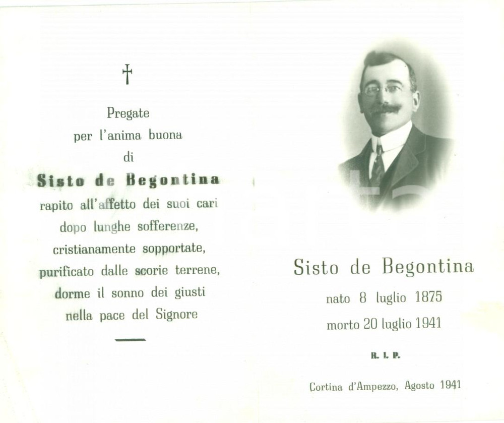 Oggetto da collezione cartaceo 1941 CORTINA D'AMPEZZO (BL) Sisto DE BEGONTINA *Santino con FOTO 1