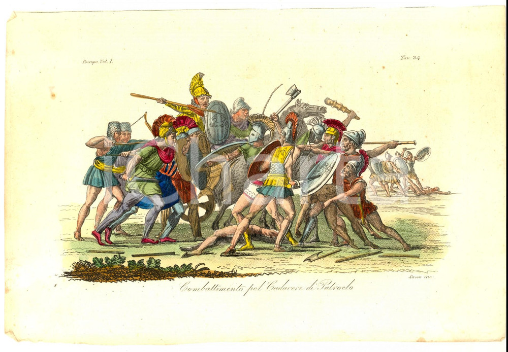 Stampa, bozzetto originale 1823 FERRARIO COSTUME EUROPEO Combattimento pel cadavere di Patroclo Inc. SASSO 1