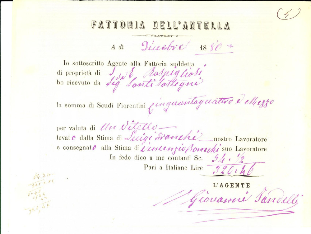 Documento originale, autentico 1880 BAGNO A RIPOLI FI Fattoria dell ANTELLA  Ricevuta per bestiame 1