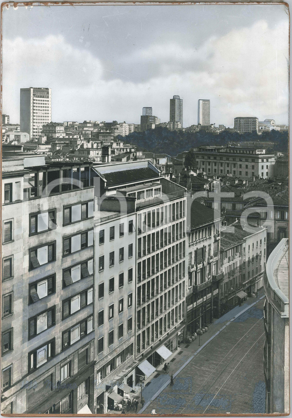 Stampa, bozzetto originale 1960 ca MILANO Centro storico  Veduta aerea  Bozzetto per cartolina 28x40 cm 1