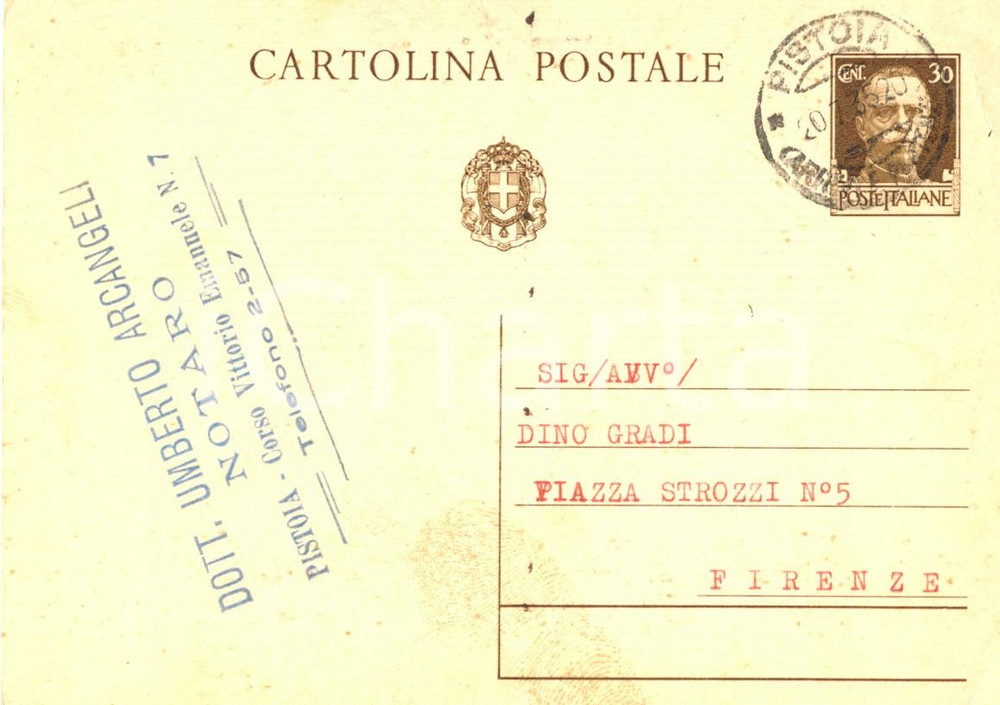 Autografo originale 1935 PISTOIA Notaio Umberto ARCANGELI all avv. Dino GRADI Autografo FG VG 1