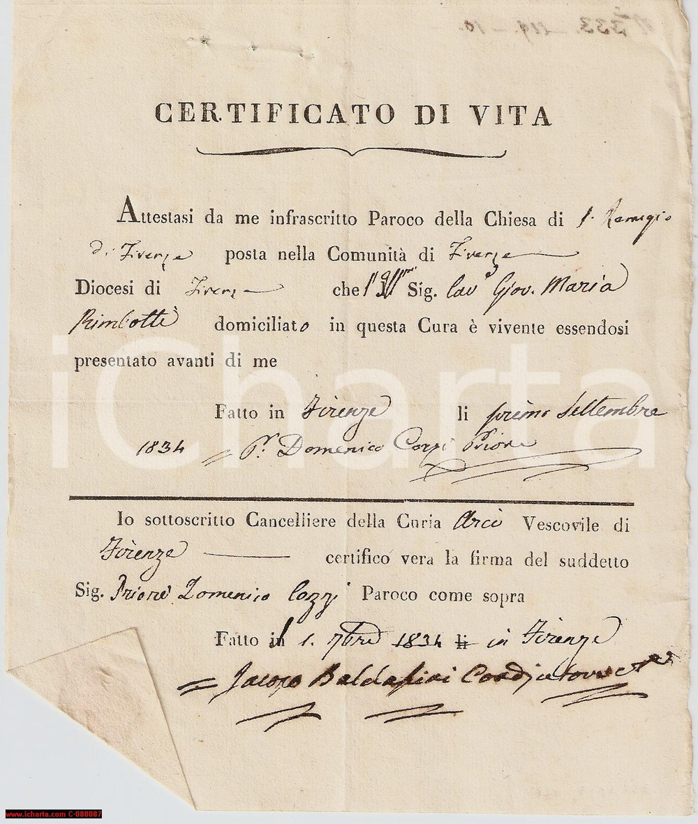 Documento originale, autentico 1834 FIRENZE SAN REMIGIO Certificato vita RIMBOTTI 1