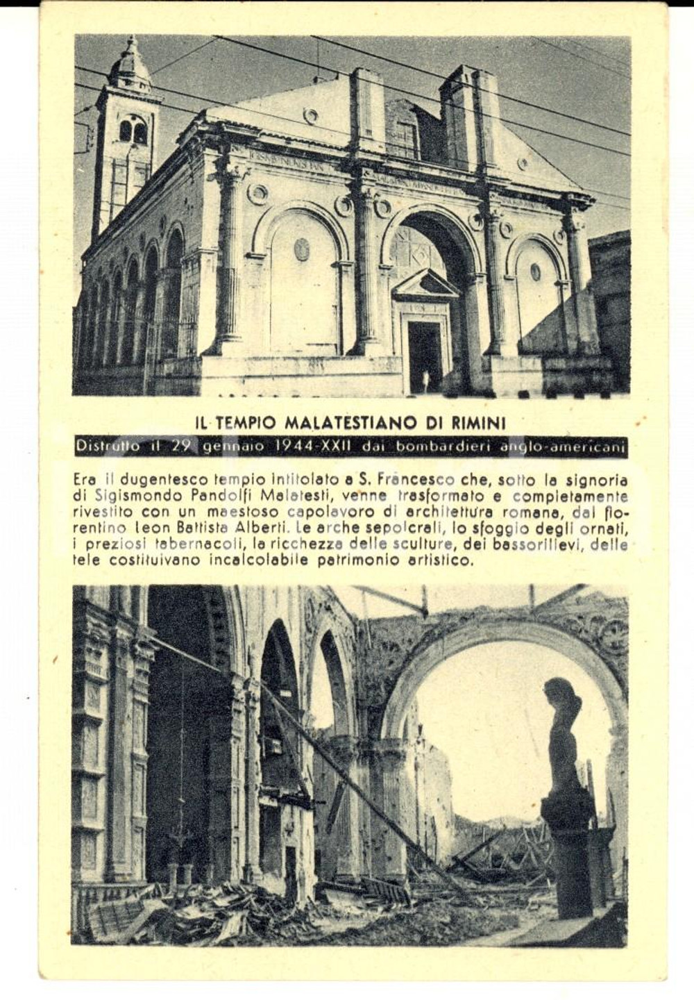 Cartolina originale da collezione 1944 PROPAGANDA RSI RIMINI Tempio Malatestiano distrutto dagli Alleati cartolina 1