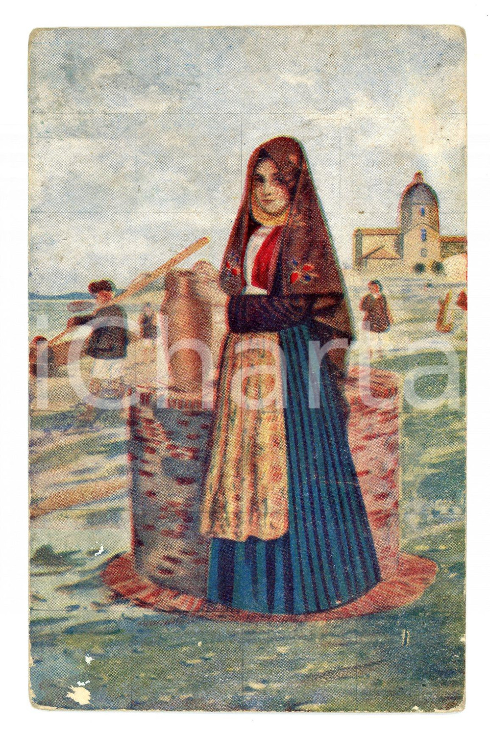 Cartolina originale da collezione Cabras anni '30, donna in costume d'epoca 1