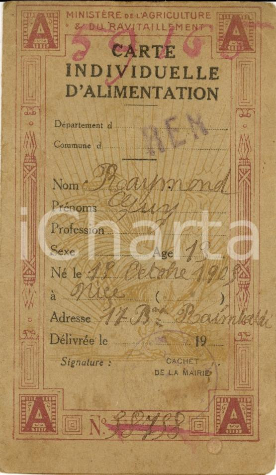 Oggetto da collezione cartaceo 1920 REN (F) Fornitura zucchero a Raymond GUY *Tessera 1