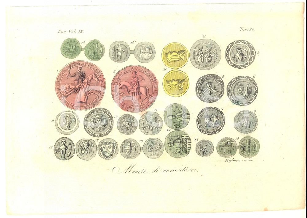 Stampa, bozzetto originale 1830 ca FERRARIO COSTUME EUROPA Monete di varie etÃ  Inc. MIGLIAVACCA 1