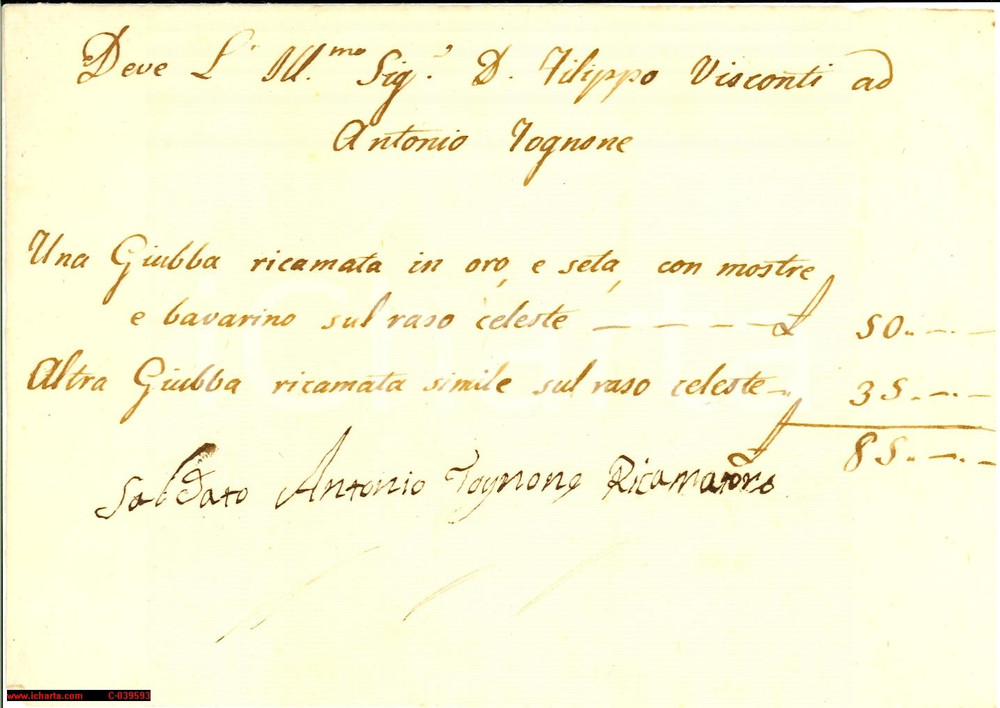 Manoscritto, lettera originale 1770 ca. MILANO ? conto ricamatore a Filippo VISCONTI 1