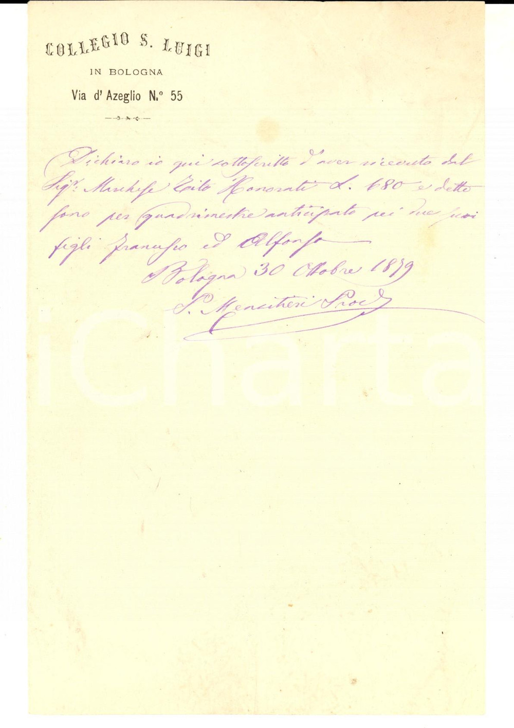 Manoscritto, lettera originale 1879 BOLOGNA Collegio SAN LUIGI Ricevuta marchesi Francesco e Alfonso HONORATI 1