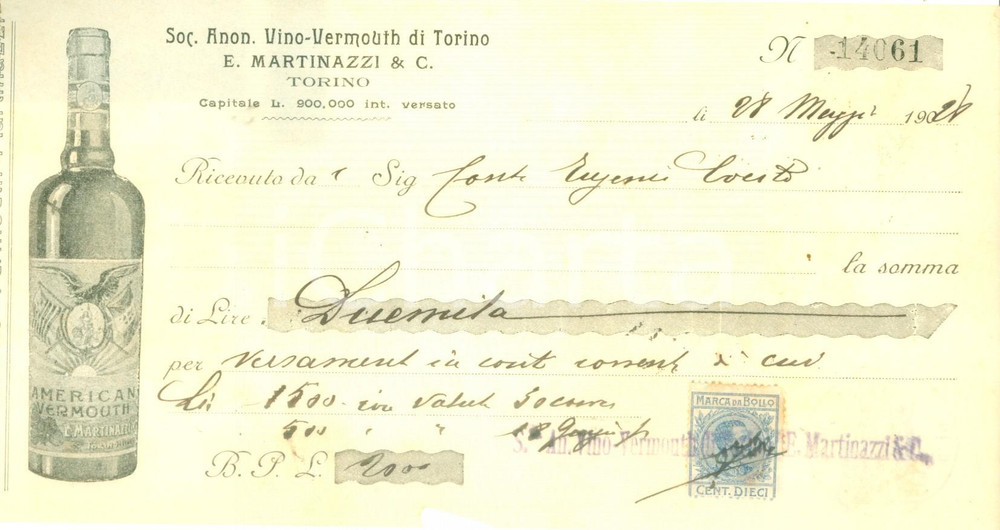 Documento originale, autentico 1928 TORINO Soc. Anonima MARTINAZZI Vino American Vermouth Ricevuta ILLUSTRATA 1