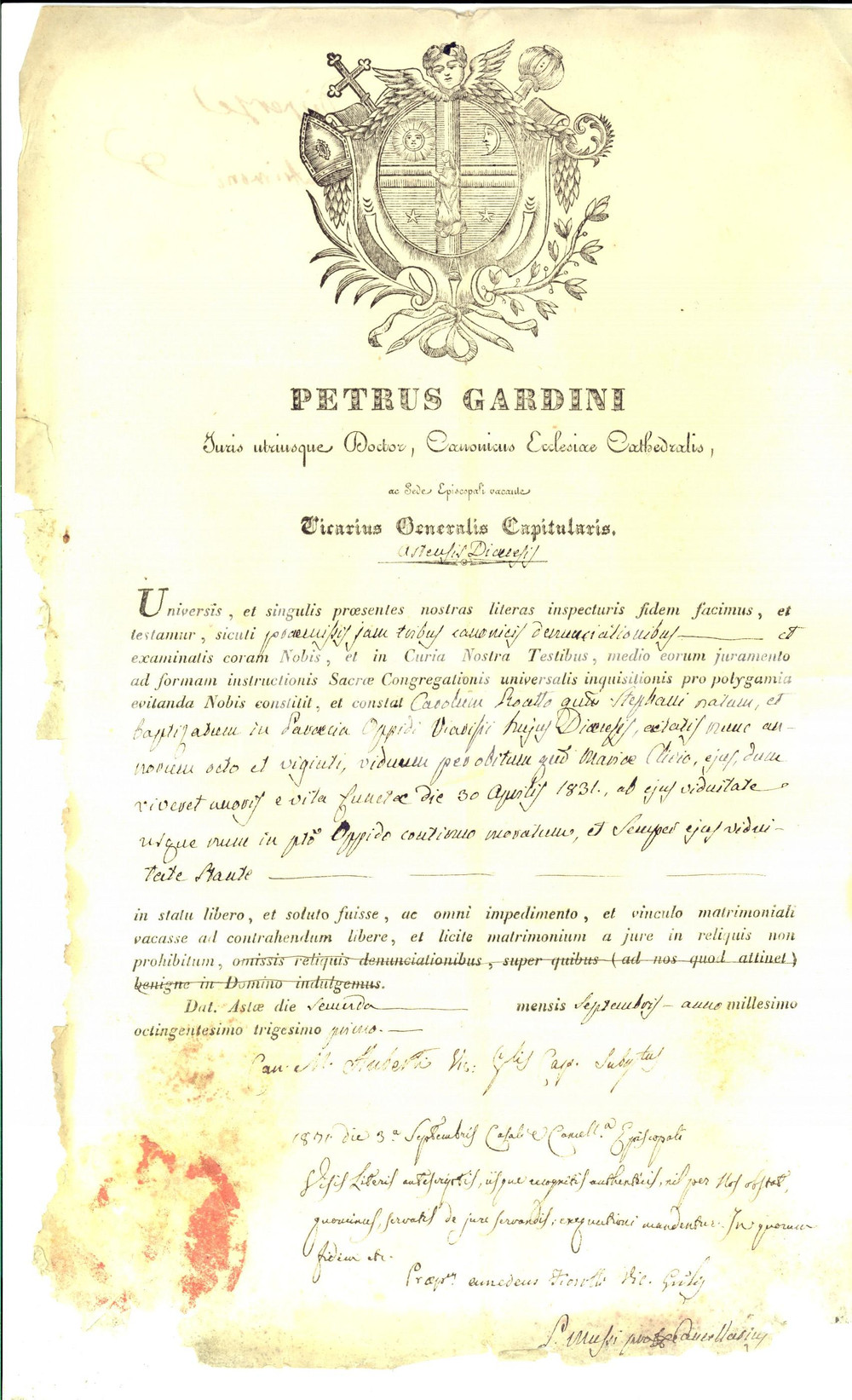 Documento originale, autentico 1831 ASTI Fede stato libero Carlo ROATTO vedovo di Maria CLIVIO 21x34 cm 1