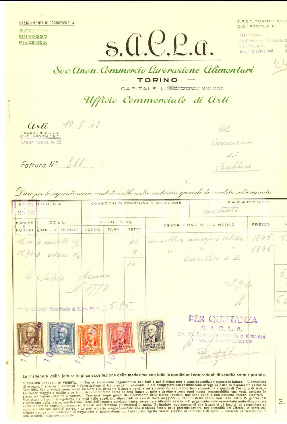 Documento originale, autentico 1943 ASTI Ditta SACLA  alimentari Fattura intestata per marmellate 1