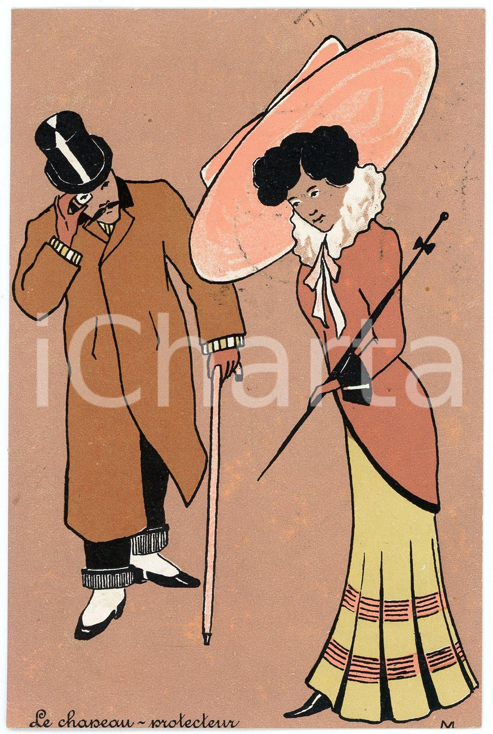 1909 FRANCE  Illustrateur MEUNIER - Le chapeau protecteur - Carte postale  Cartolina postale d'epoca, illustrata, viaggiata.CONDIZIONI: GFORMATO: FP    originale e autentica 1