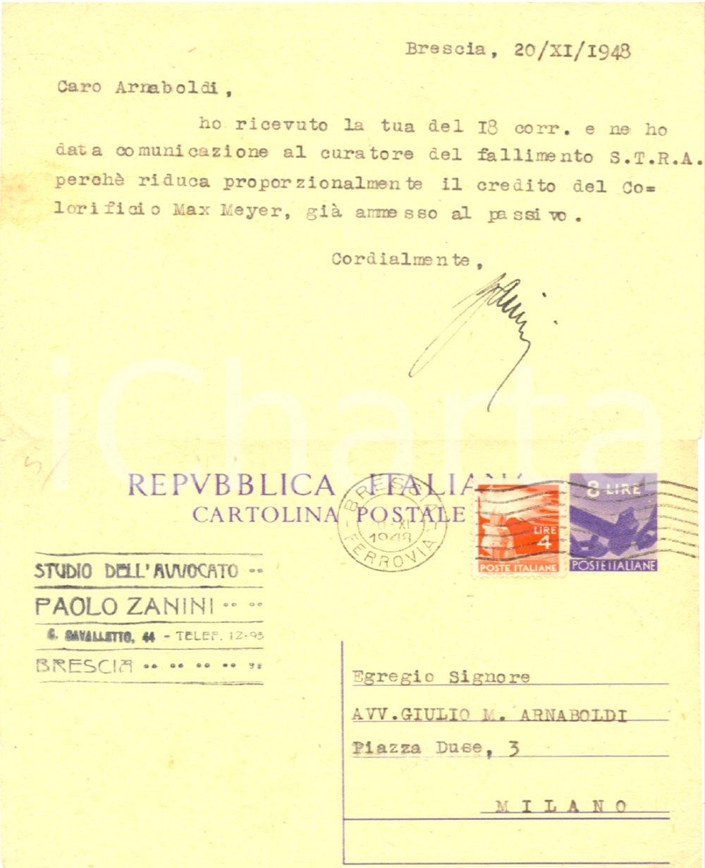 Autografo originale 1948 BRESCIA Avv. Paolo ZANINI al collega Giulio ARNABOLDI Autografo FG VG 1