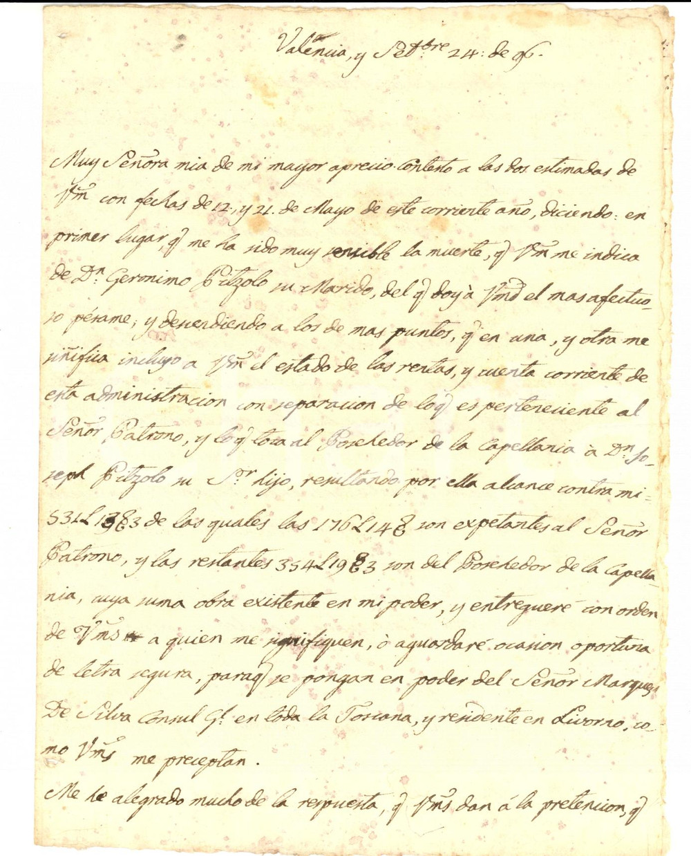 Documento originale, autentico 1796 VALENCIA ES Administrador Tomas AUSINA a la viuda de Geronimo PITZOLO 1