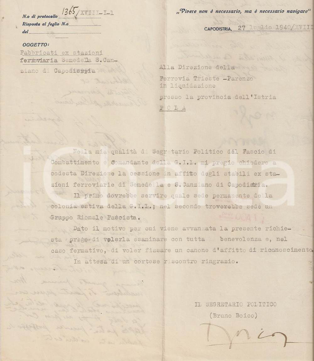 Manoscritto, lettera originale 1940 PNF CAPODISTRIA Ex stazioni ferroviarie sedi GIL 1