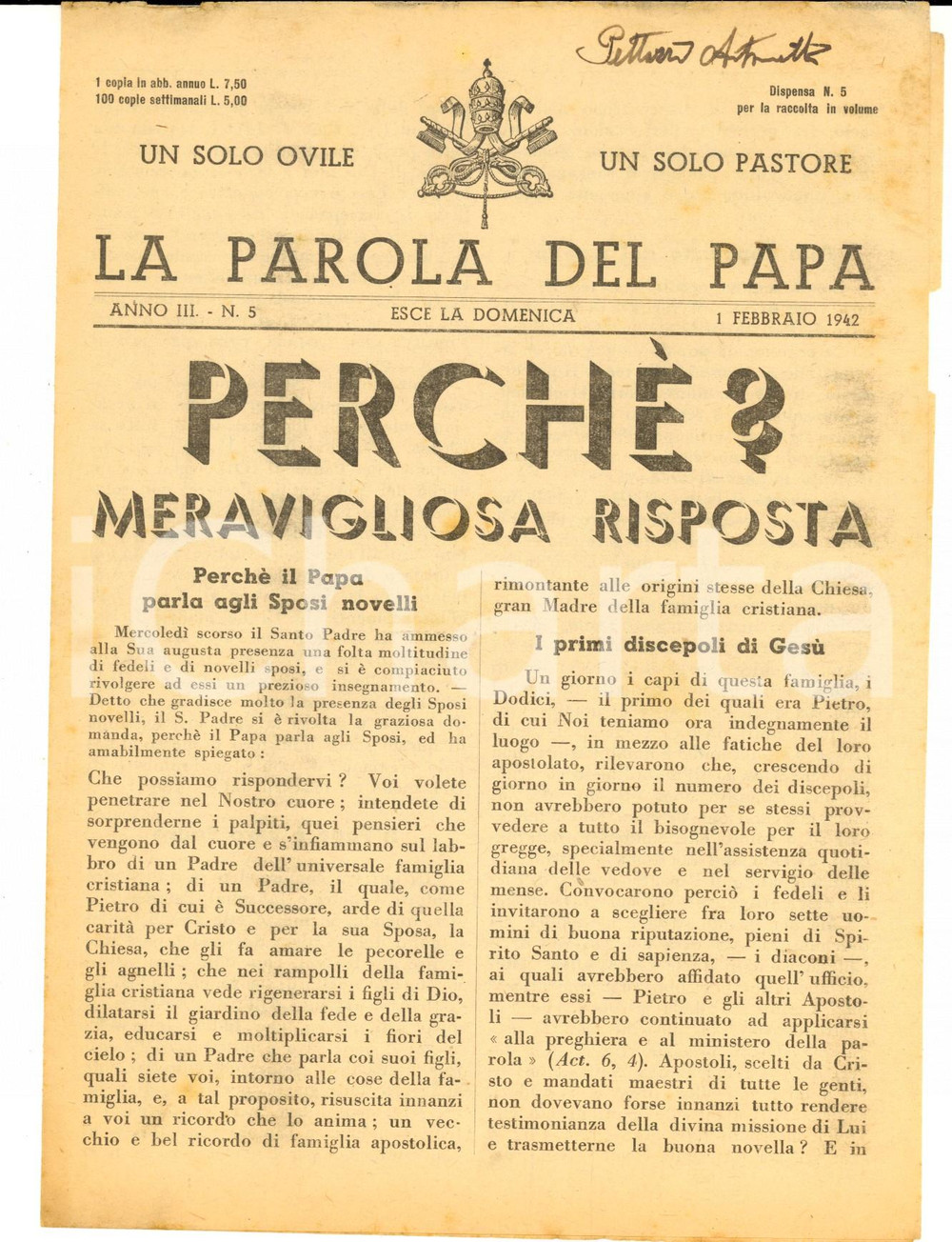 Giornale, rivista storica 1942 LA PAROLA DEL PAPA PerchÃ© il Papa parla agli sposi novelli Anno III nÂ°5 1