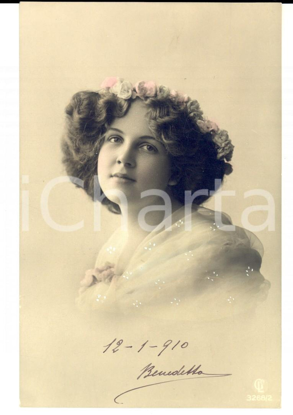 Cartolina originale da collezione 1910 Giovane romantica con coroncina di rose *Cartolina VINTAGE ing. BONELLI 1