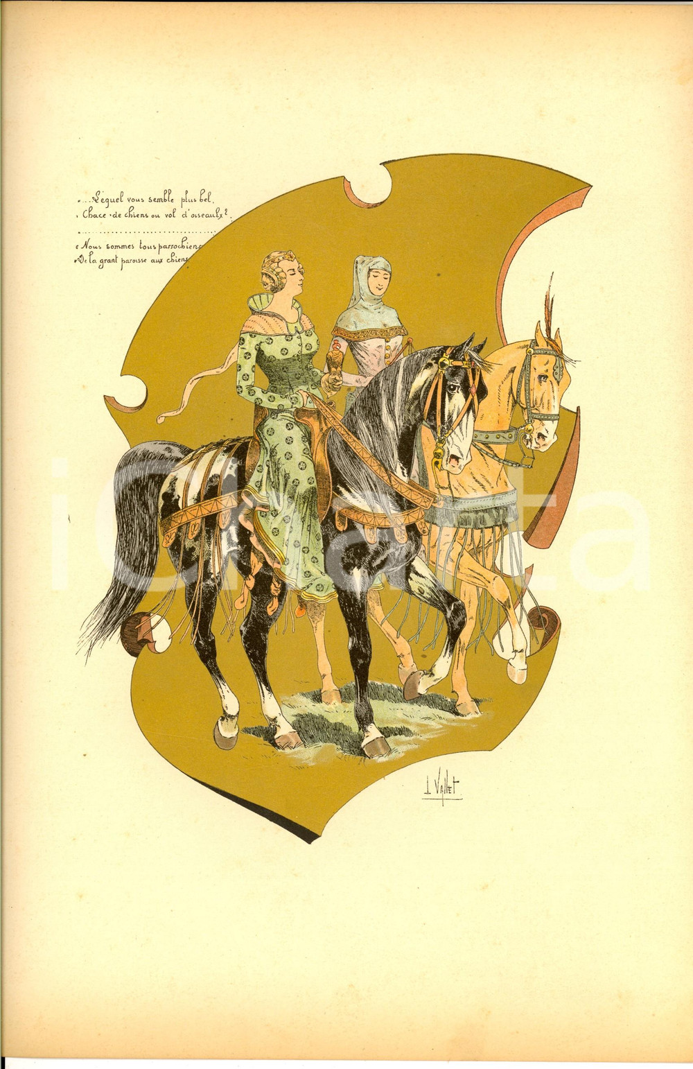 Stampa, bozzetto originale 1890 L. VALLET Le chic Ã  cheval  ChÃ¢telaines XIV siÃ¨cle Lithographie 25x33 1