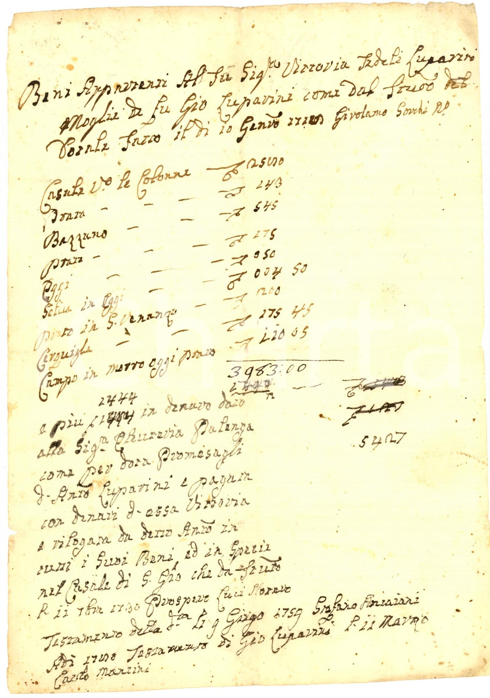 Manoscritto, lettera originale 1760 SPOLETO Beni appartenuti alla defunta Vittoria FEDELI provenienti da dote 1