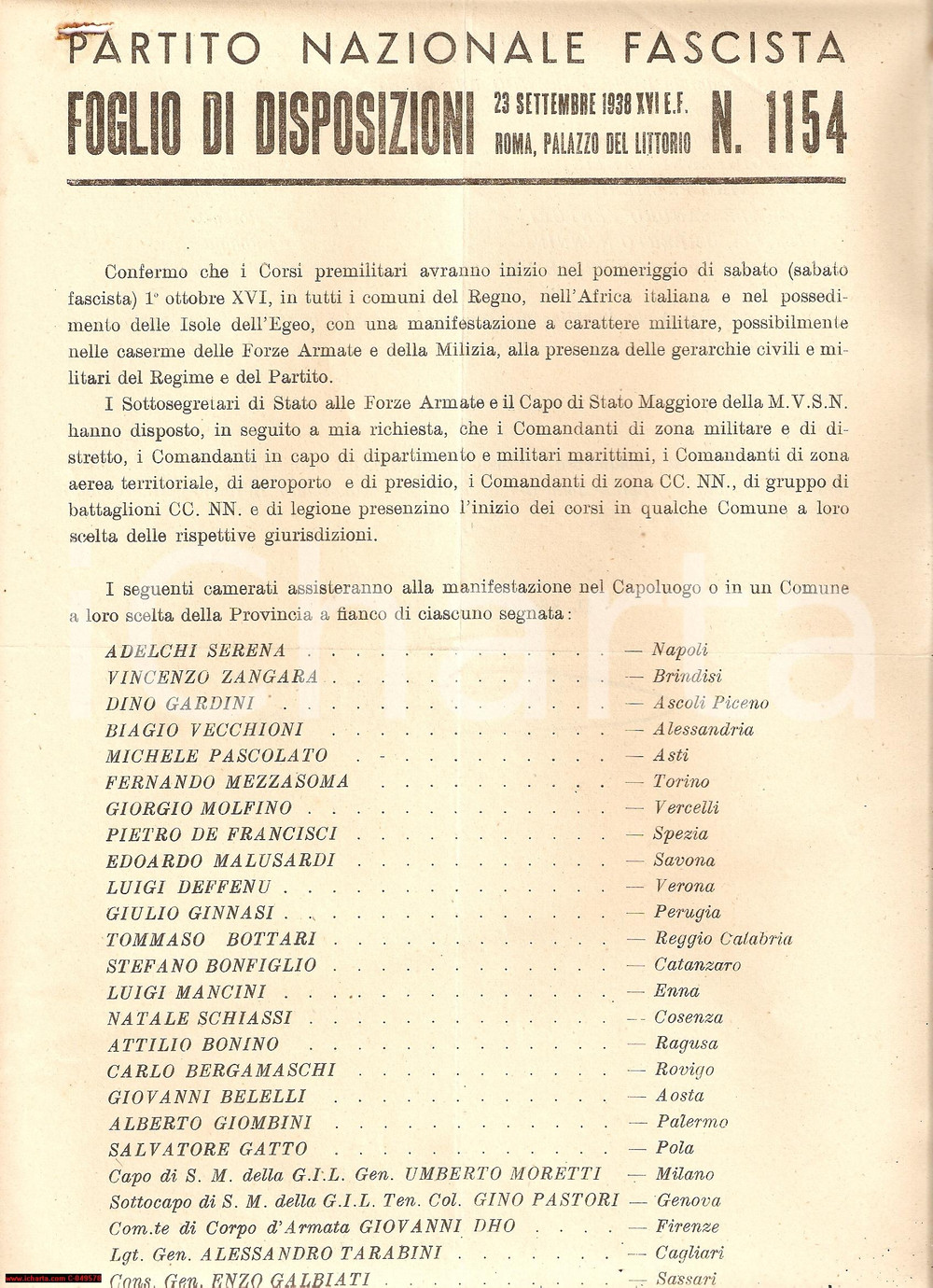 Documento originale, autentico 1938 PNF Inizio dei corsi premilitari nell'IMPERO 1