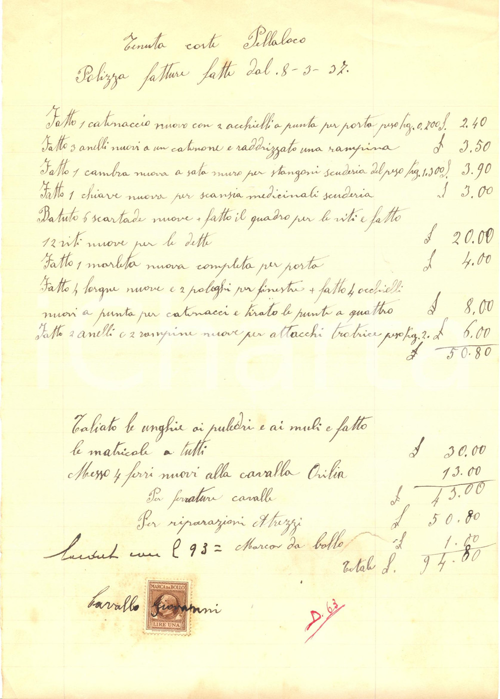 Documento originale, autentico 1937 ROVERBELLA MN Giovanni CAVALLO fabbro e maniscalco alla Corte PELLALOCO 1
