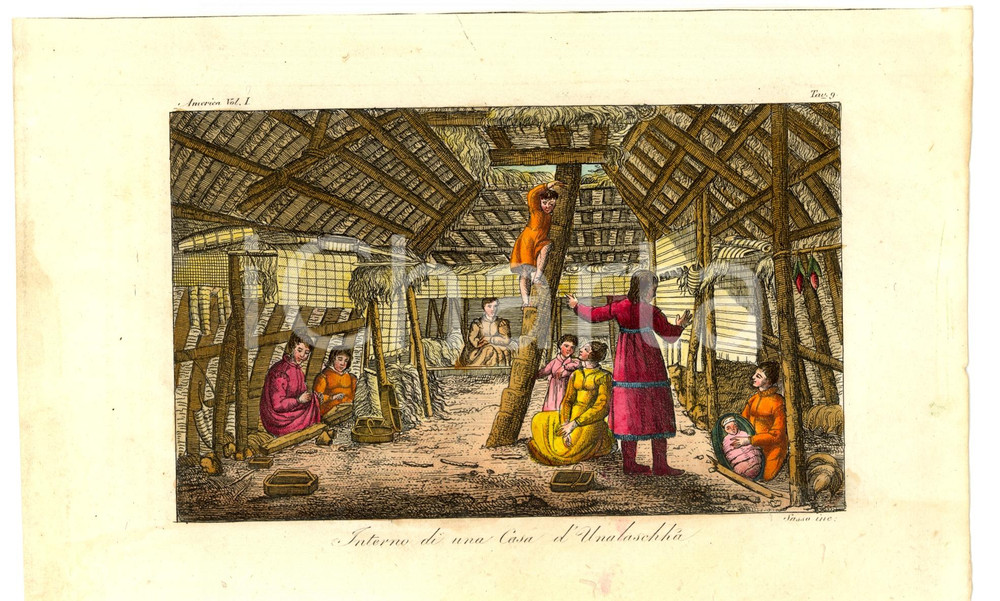 Stampa, bozzetto originale 1830 UNALASKA Interno di una casa Incisore SASSO RARA 1
