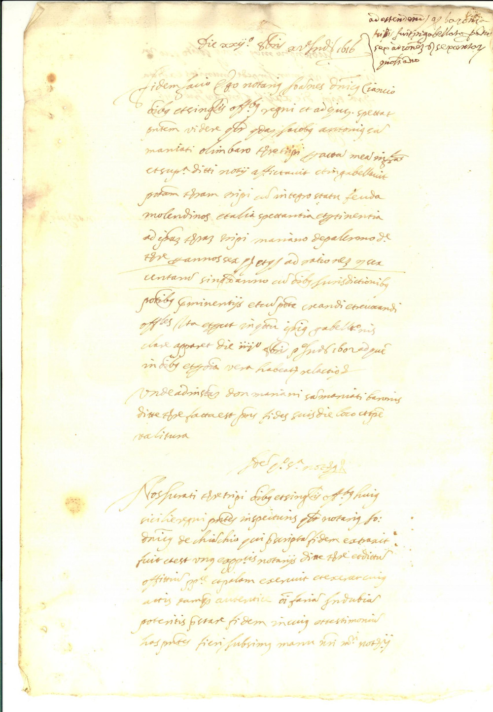 Documento originale, autentico 1616 PALERMO Fede notaio Giovanni CIANCIO su affitto mulino barone SAMMANIATI 1