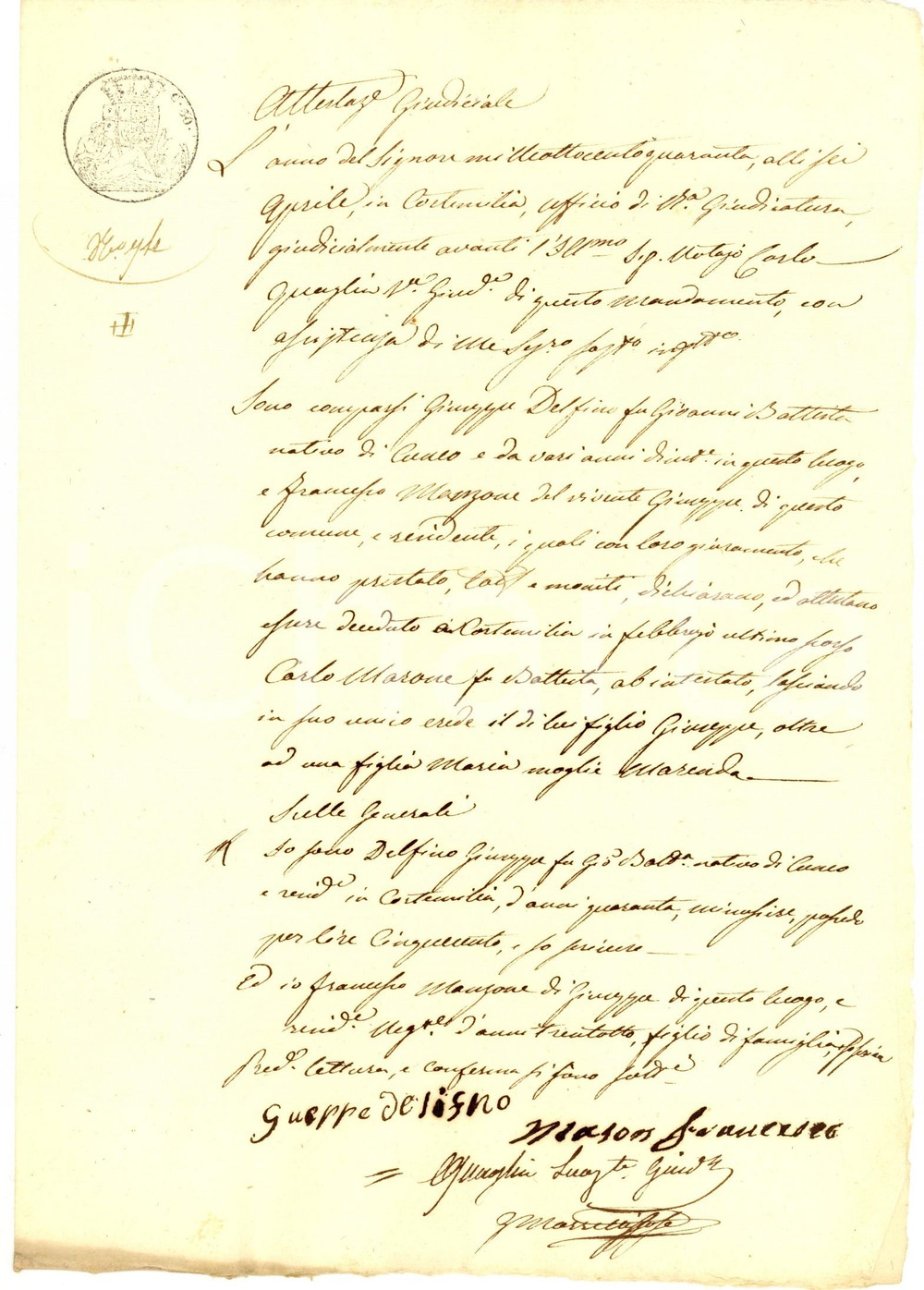 Documento originale, autentico 1840 CORTEMILIA (CN) Testimoni per la morte di Carlo MARONE - Documento 1