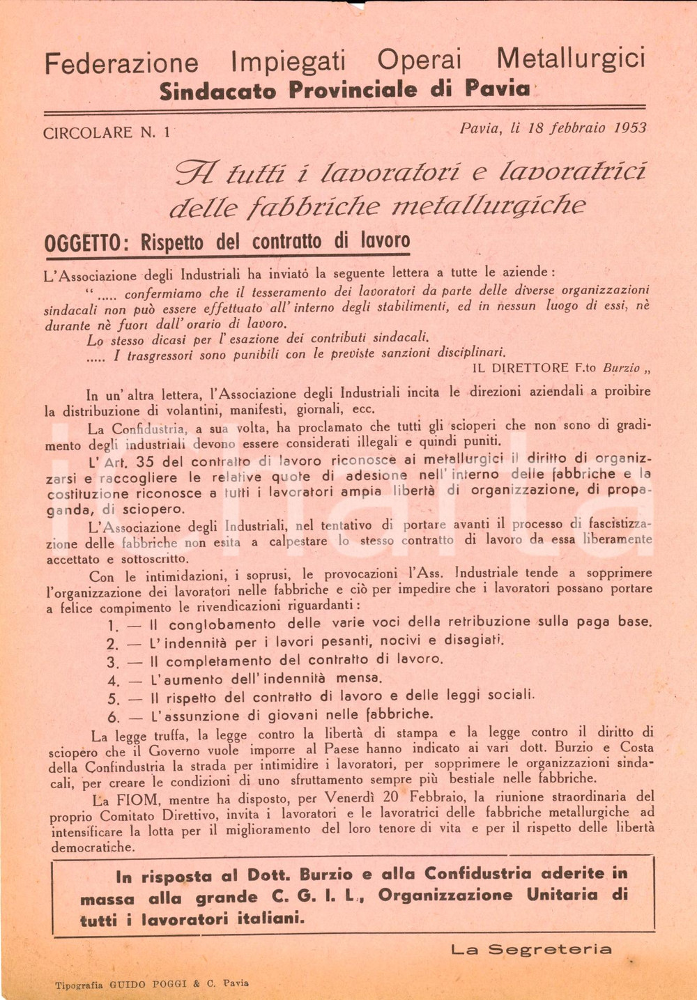 Materiale pubblicitario d’epoca 1953 PAVIA FIOM difende sciopero contro CONFINDUSTRIA 1