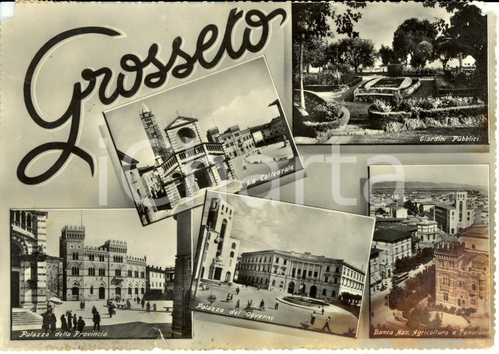 Cartolina originale da collezione 1958 GROSSETO Vedutine con PALAZZO DEL GOVERNO Cartolina DANNEGGIATA 1