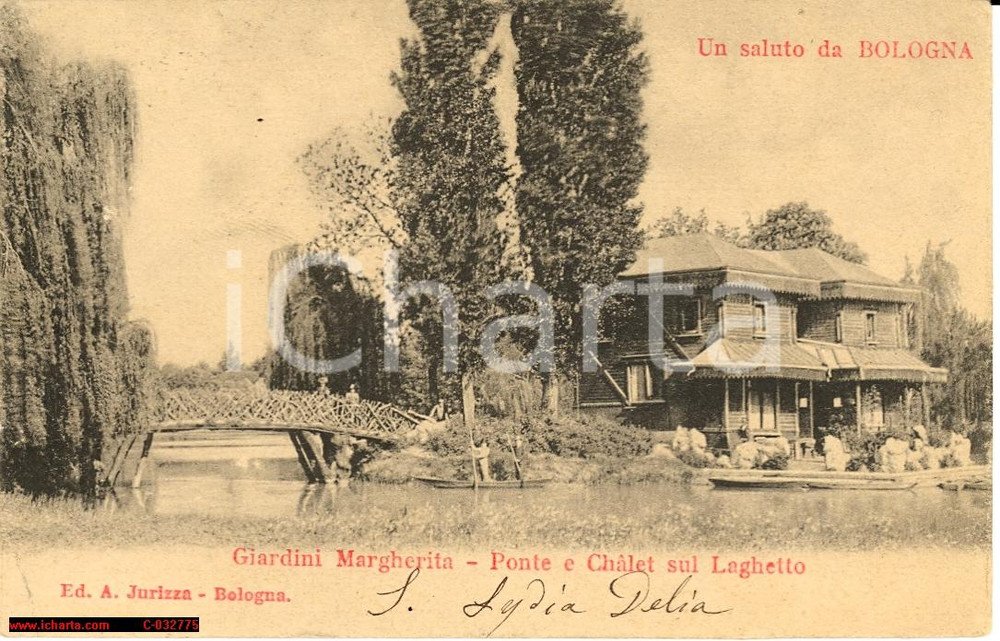 Cartolina originale da collezione 1904 BOLOGNA Ponte chalet laghetto Giardini MARGHERITA 1