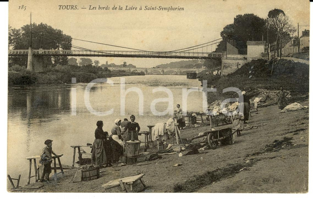 Cartolina originale da collezione 1909 TOURS (France) Bords de la LOIRE Ã  Saint-Symphorien Animata con lavandaie 1