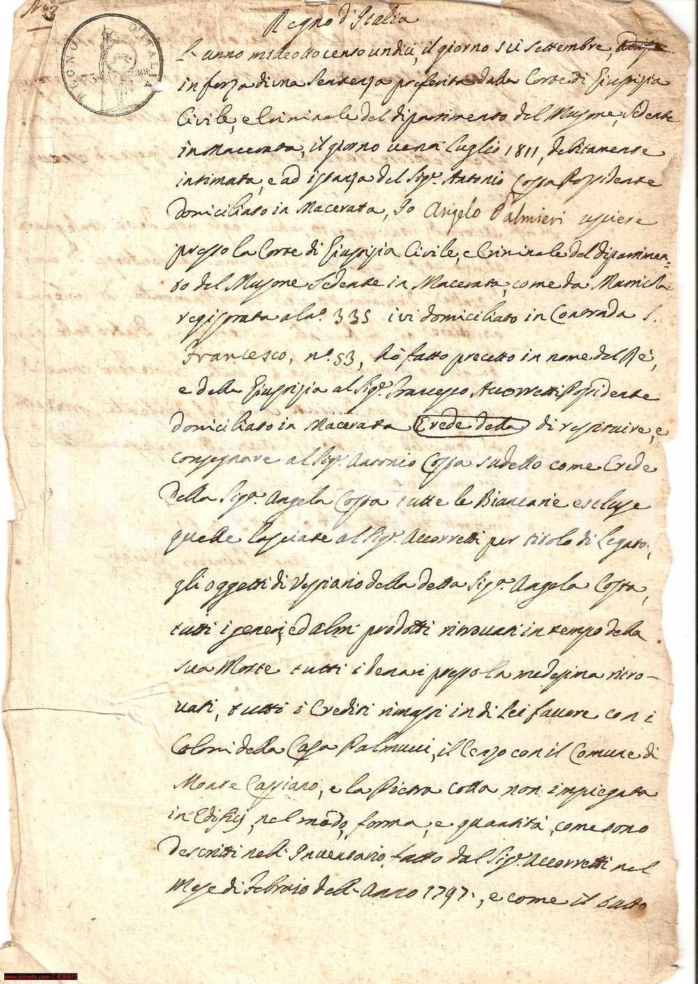 Documento originale, autentico 1811 MACERATA Francesco ACCORRETTI erede illegittimo 1