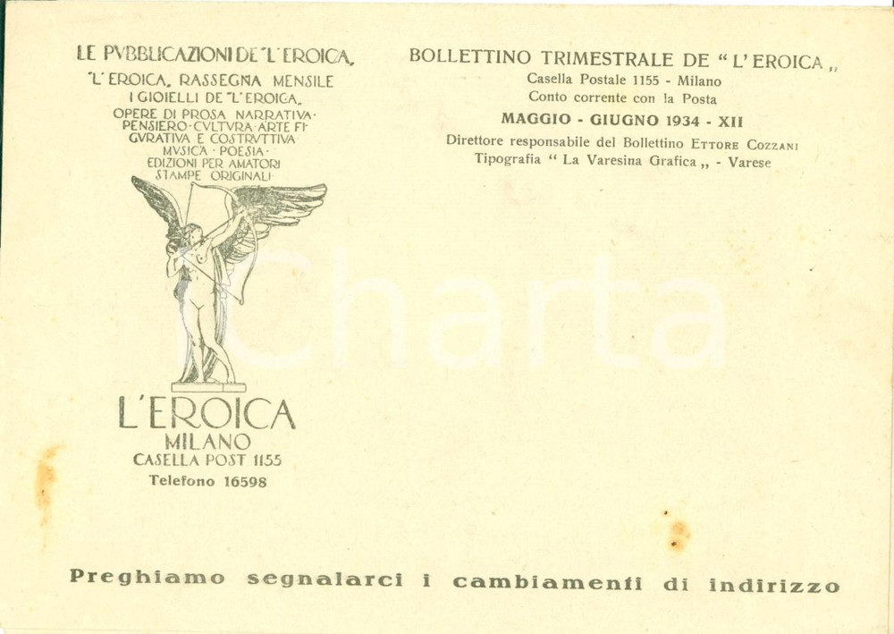 Materiale pubblicitario d’epoca 1934 MILANO Bollettino pieghevole nuovi titoli casa editrice L EROICA Opuscolo 1