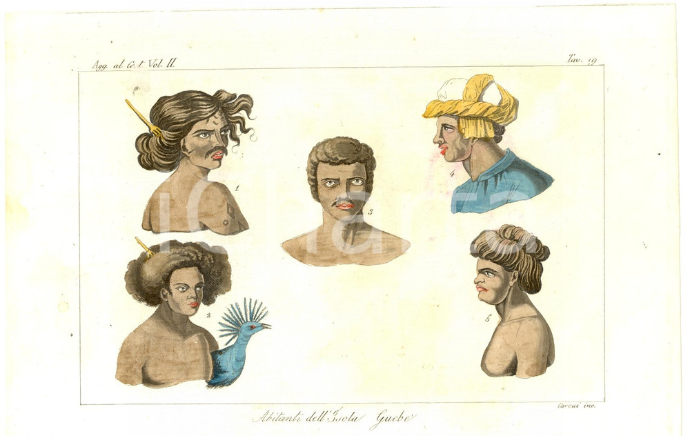 Stampa, bozzetto originale 1834 ANTROPOLOGIA Abitanti isola GUEBE' - Inc. CAROCCI 1
