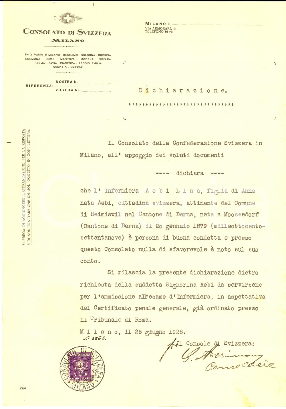 Documento originale, autentico 1928 MILANO Consolato di SVIZZERA Lina AEBI Certificato di buona condotta 1