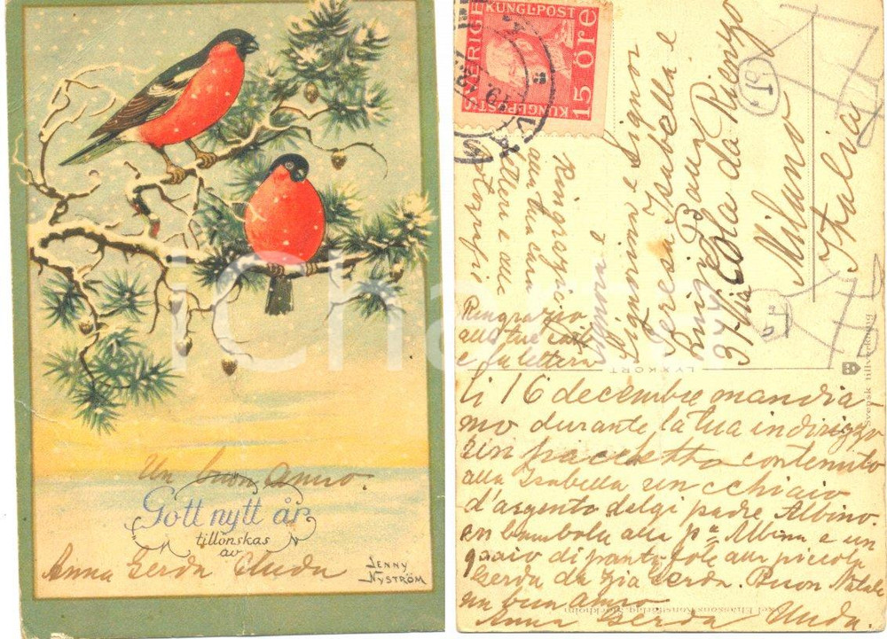 Autografo originale 1920 ca Gott nytt ar *Cartolina a Teresa e Luigi BALLA Ill. Jenny NYSTROM 1