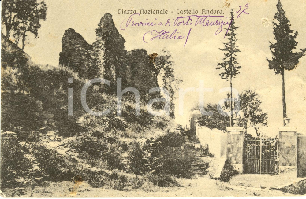 Cartolina originale da collezione 1922 ANDORA SV Veduta del castello  Piazza NAZIONALE Cartolina DANNEGGIATA 1