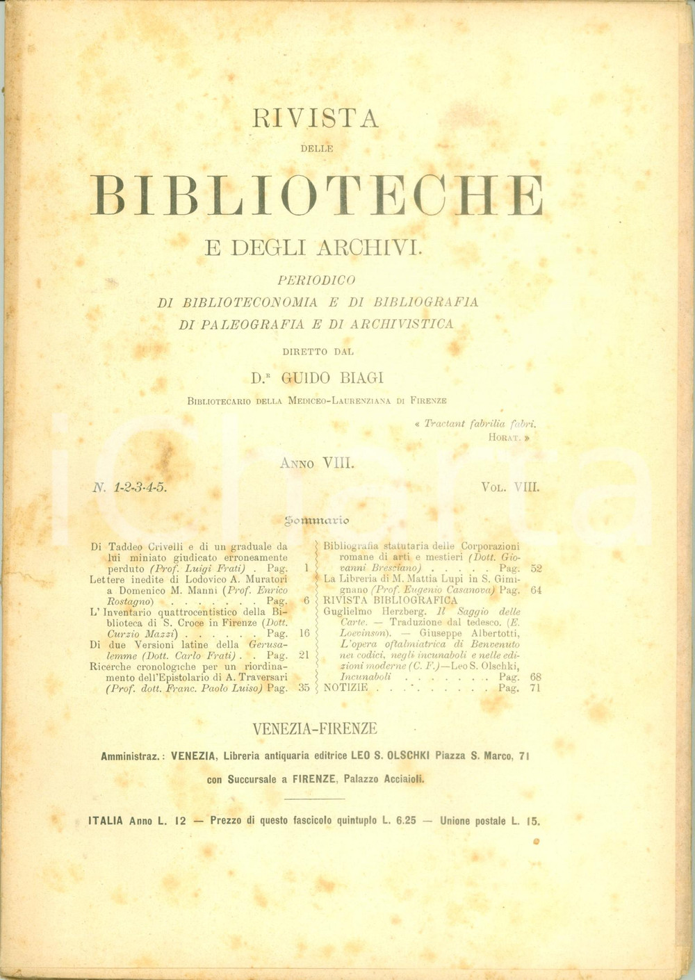 Libro, pubblicazione d'epoca 1897 RIVISTA BIBLIOTECHE ARCHIVI Di Taddeo CRIVELLI e di un graduale miniato 1
